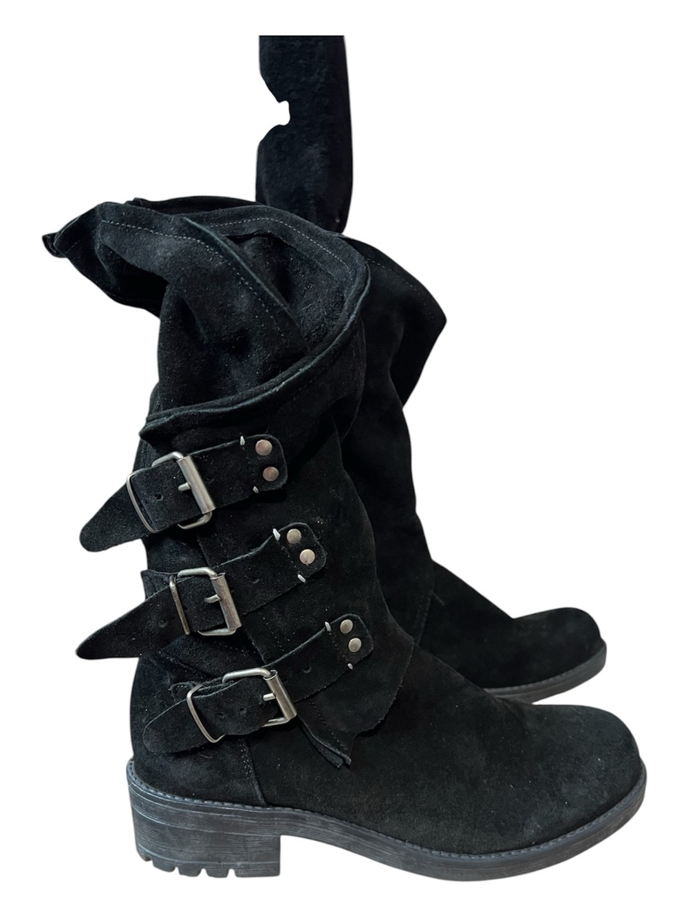 Coolway Alida Black Suede Triple Buckle Slouchy Boots Size 40 / US 9 Biker Goth - Picture 1 of 6